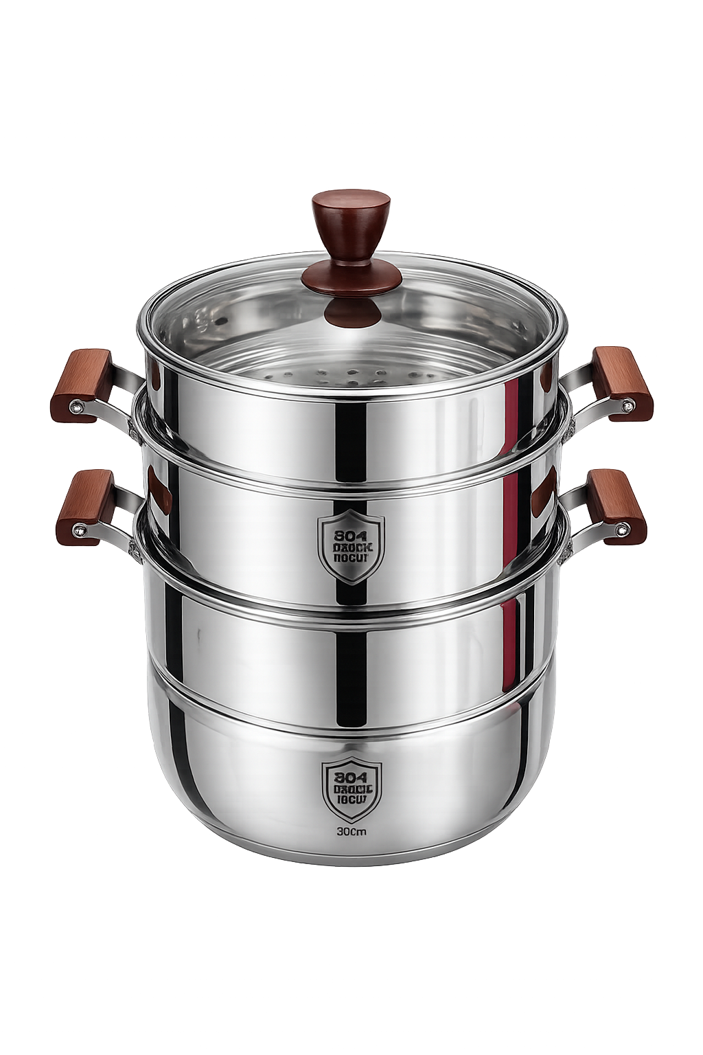 HOCUF 304 Stainless Steel 3-Tier Steamer Pot – 30cm Family Size Food Steaming Cookware with Glass Lid