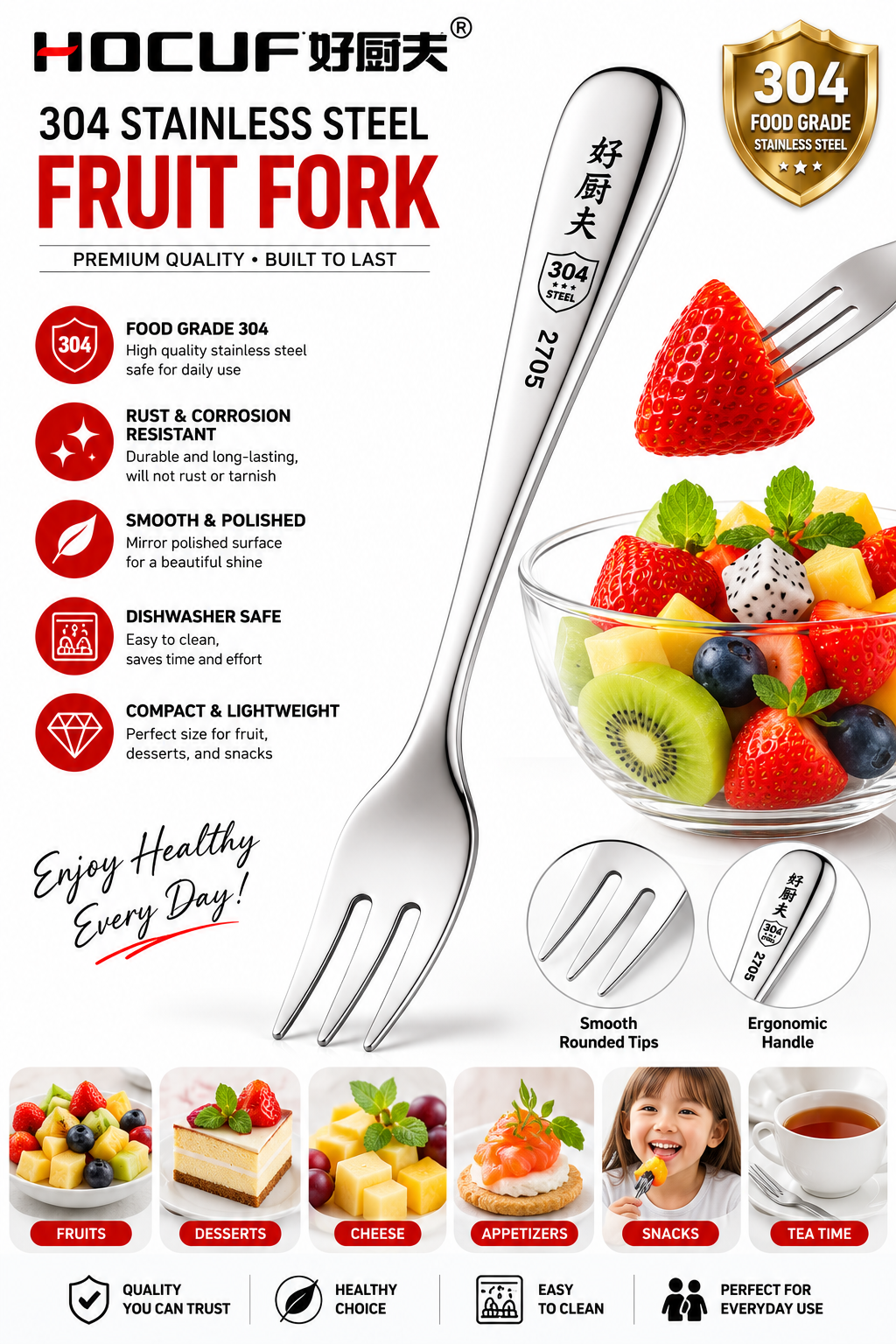 HOCUF 304 Stainless Steel Fruit Fork – Premium Mini Dessert & Fruit Fork