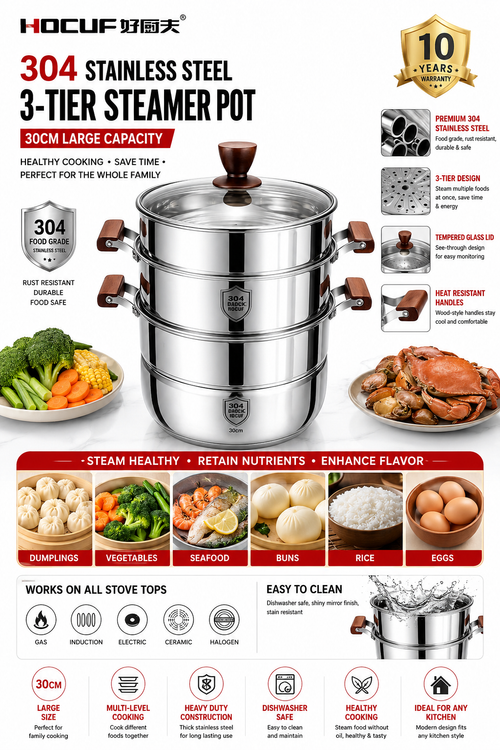 HOCUF 304 Stainless Steel 3-Tier Steamer Pot – 30cm Family Size Food Steaming Cookware with Glass Lid