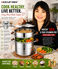 HOCUF 304 Stainless Steel 3-Tier Steamer Pot – 30cm Family Size Food Steaming Cookware with Glass Lid