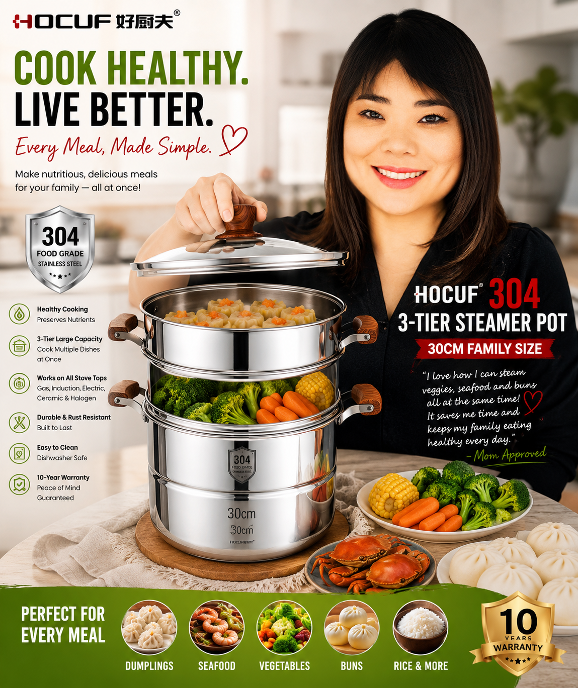 HOCUF 304 Stainless Steel 3-Tier Steamer Pot – 30cm Family Size Food Steaming Cookware with Glass Lid
