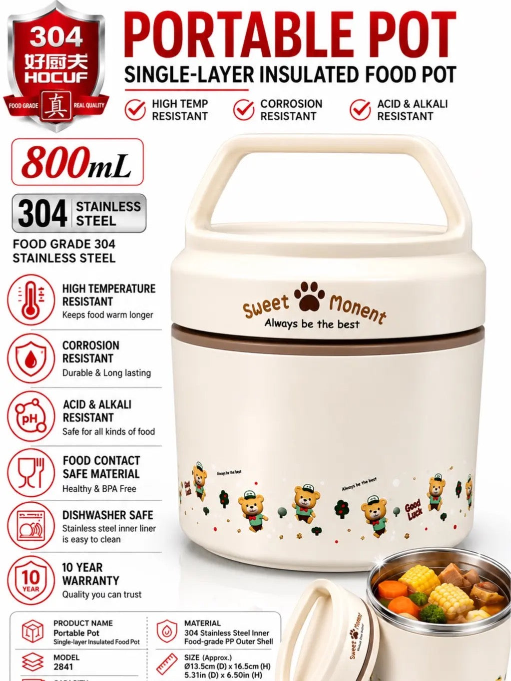 HOCUF 800mL Portable Food Pot