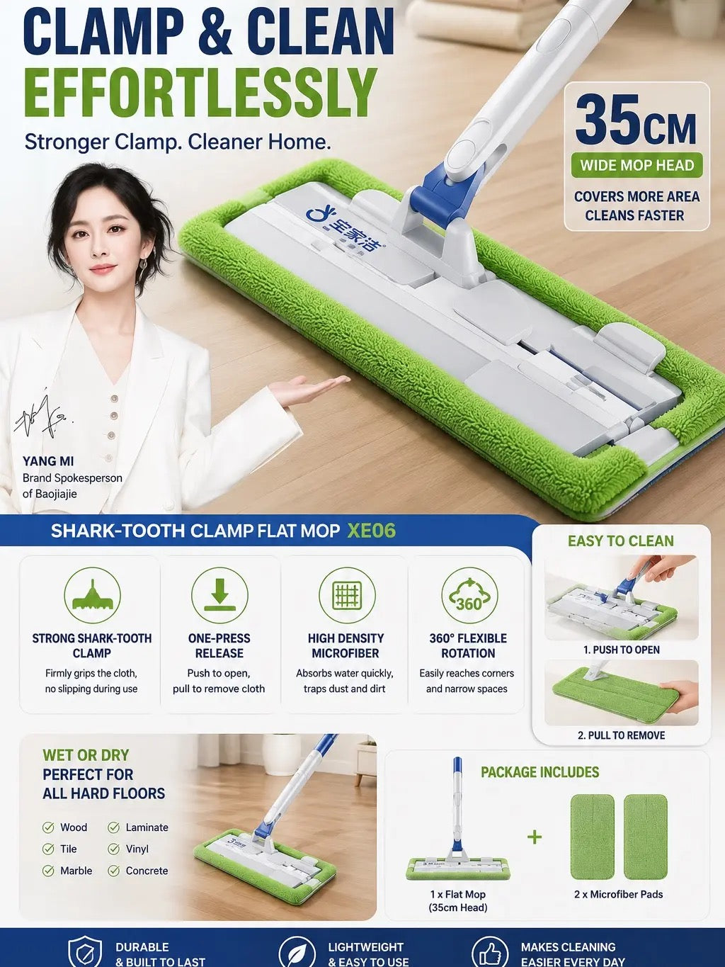 Baojiajie Rotatable Clip-Cloth Mop with Pad - Home Care Cleaning Tool for Household Floor Use
