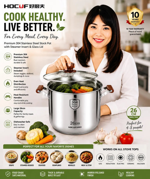 HOCUF 304 Stainless Steel 26cm Stock Pot with Steamer Insert & Glass Lid
