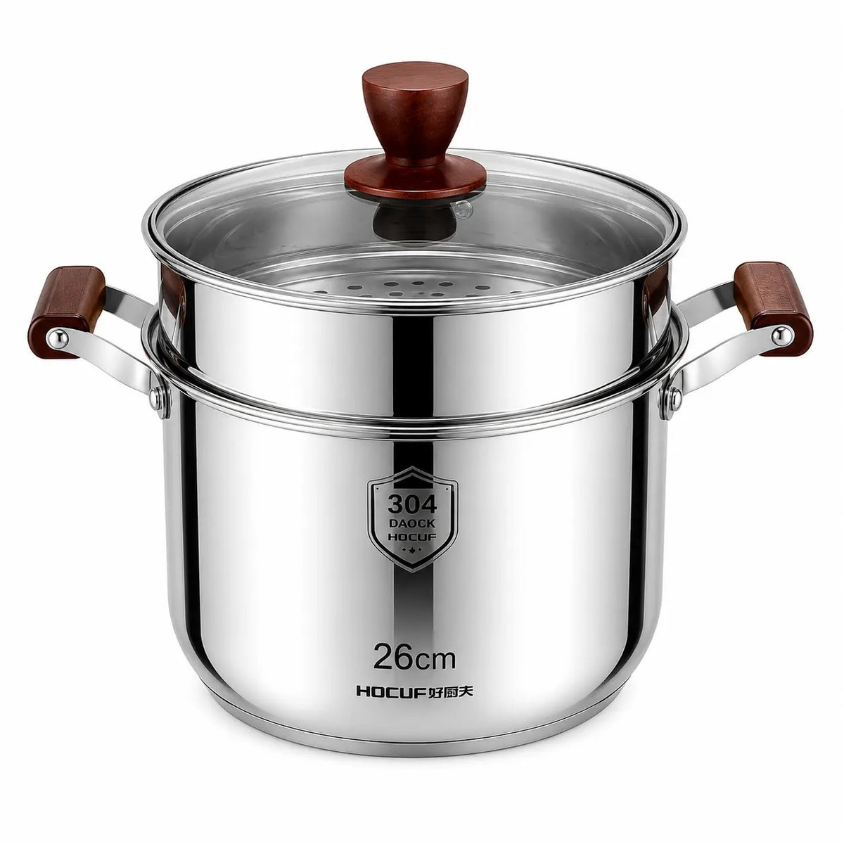 HOCUF 304 Stainless Steel 26cm Stock Pot with Steamer Insert & Glass Lid